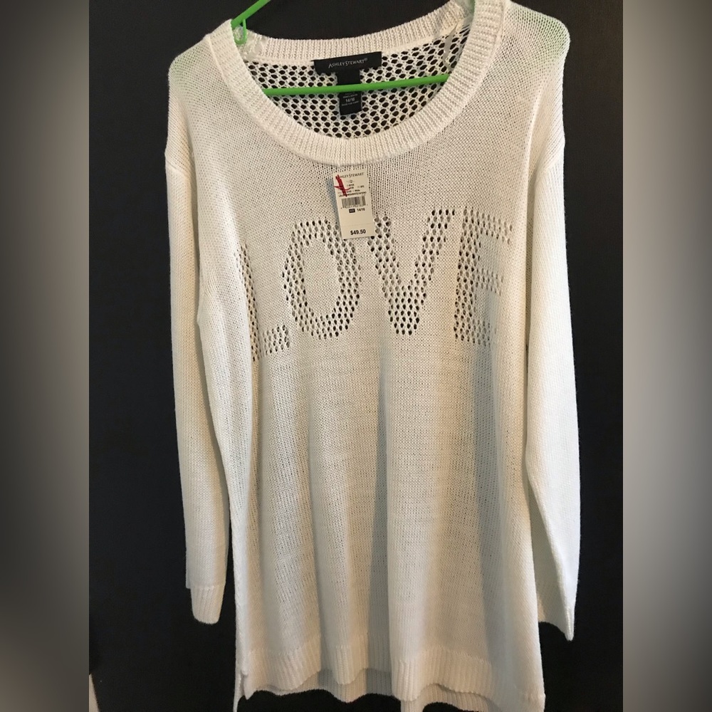 Ashley Stewart white open knit LOVE sweater